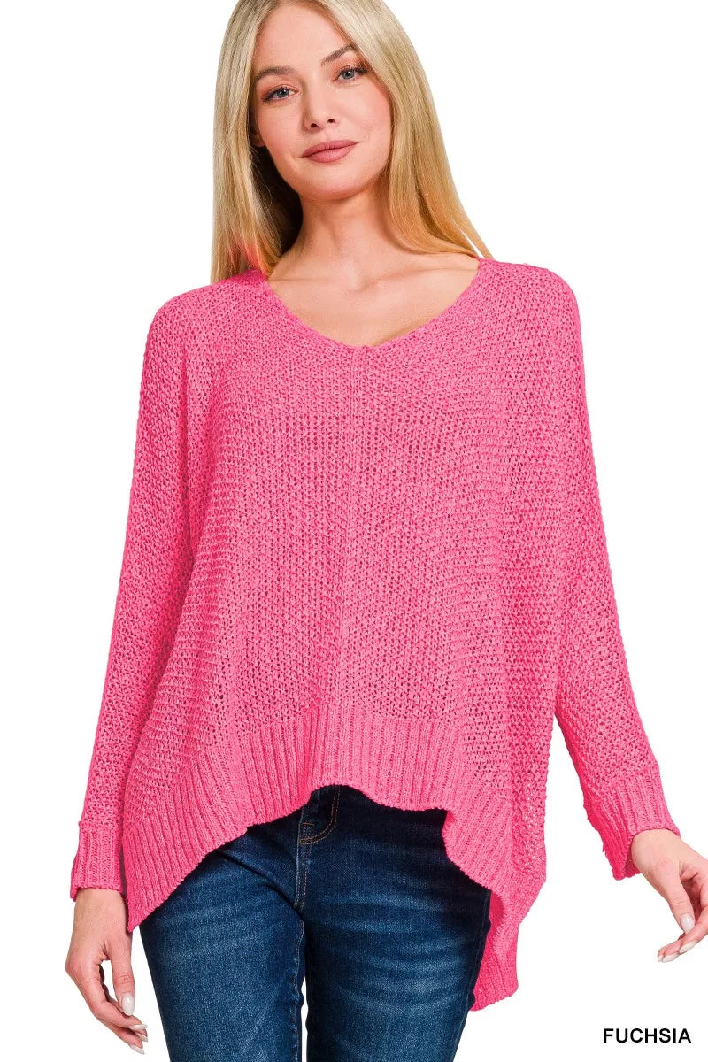 Zenana Dolman Sleeve V-Neck Sweater FUCHSIA / S/M