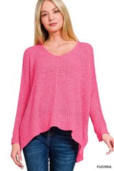 Zenana Dolman Sleeve V-Neck Sweater FUCHSIA / S/M