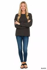 Zenana Double Knit Round Neck Long Sleeve Top