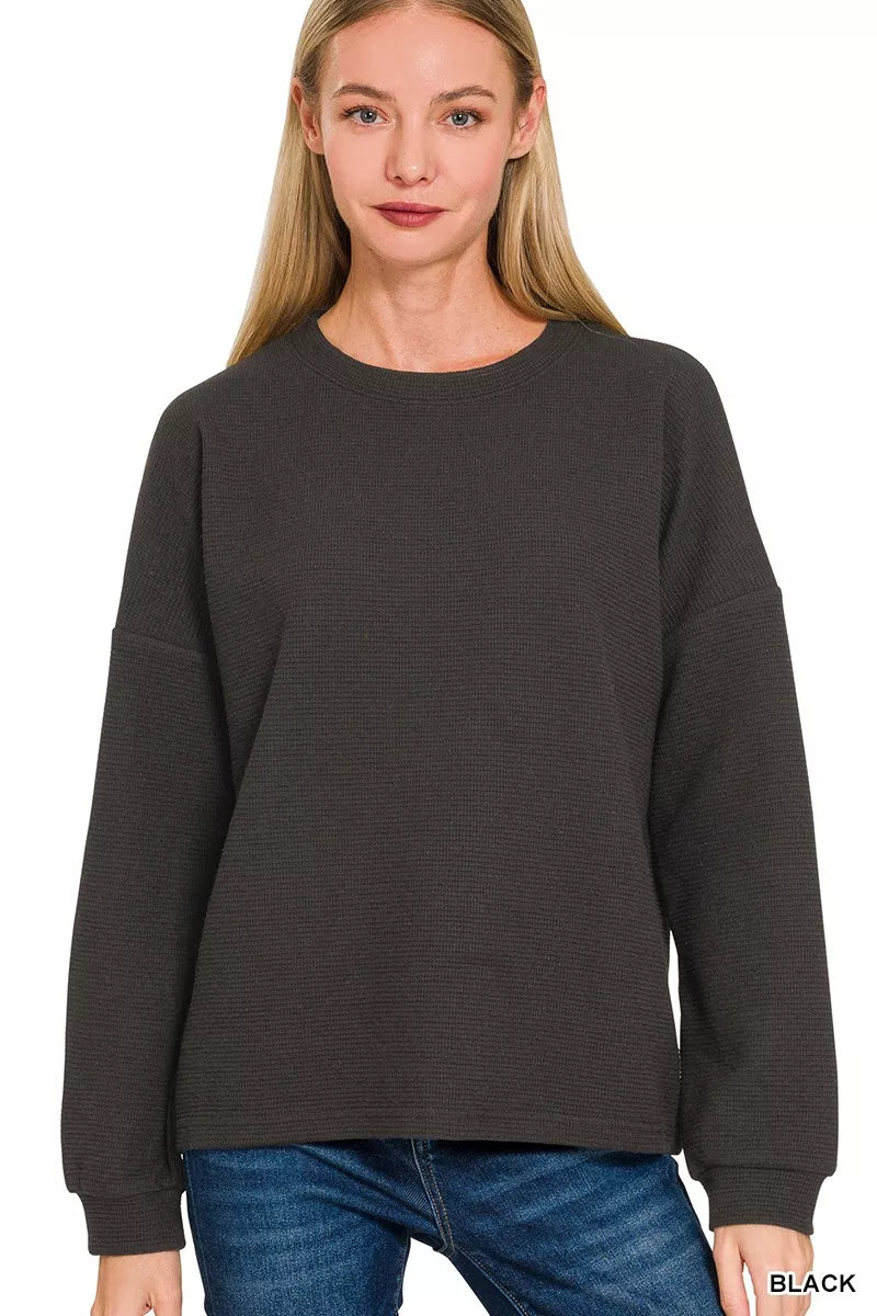 Zenana Double Knit Round Neck Long Sleeve Top BLACK / S