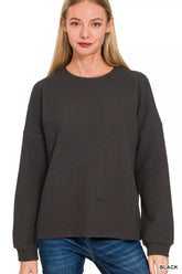 Zenana Double Knit Round Neck Long Sleeve Top BLACK / S