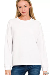 Zenana Double Knit Round Neck Long Sleeve Top WHITE / S