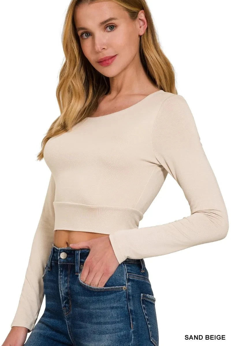 Zenana Double Layered Long Sleeve Cropped Round Neck T-Shirt