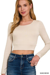 Zenana Double Layered Long Sleeve Cropped Round Neck T-Shirt SAND BEIGE / S