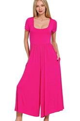 Zenana Double Layered Short Sleeve Jumpsuits HOT PINK / S