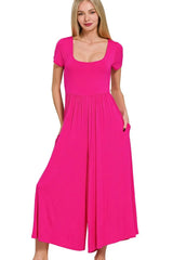 Zenana Double Layered Short Sleeve Jumpsuits HOT PINK / S