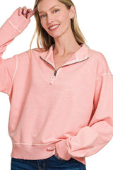 Zenana F/terry Pigment Dye & Enzyme Washing Half Zip Top DK PINK / S