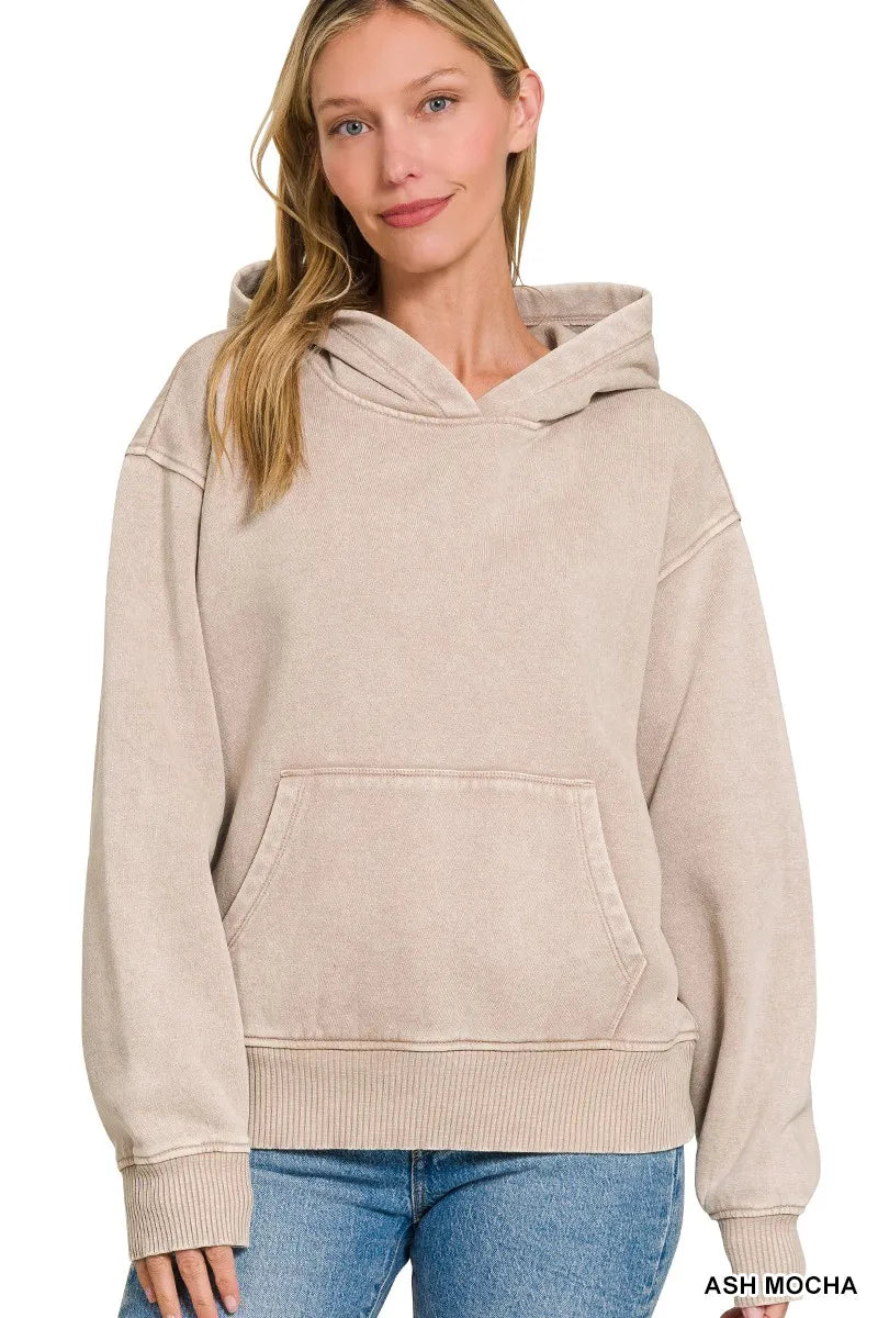 Zenana Fleece Acid Wash Kangaroo Pocket Hoodie
