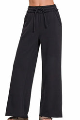 Zenana Fleece Exposed Seam Wide Leg Sweatpants BLACK / S