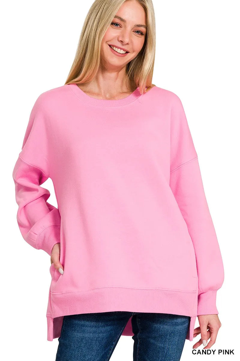 Zenana Fleece Hi-low Boyfriend Sweatshirts with Pockets CANDY PINK / S