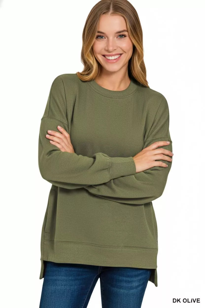 Zenana Fleece Hi-low Boyfriend Sweatshirts with Pockets DK OLIVE / S