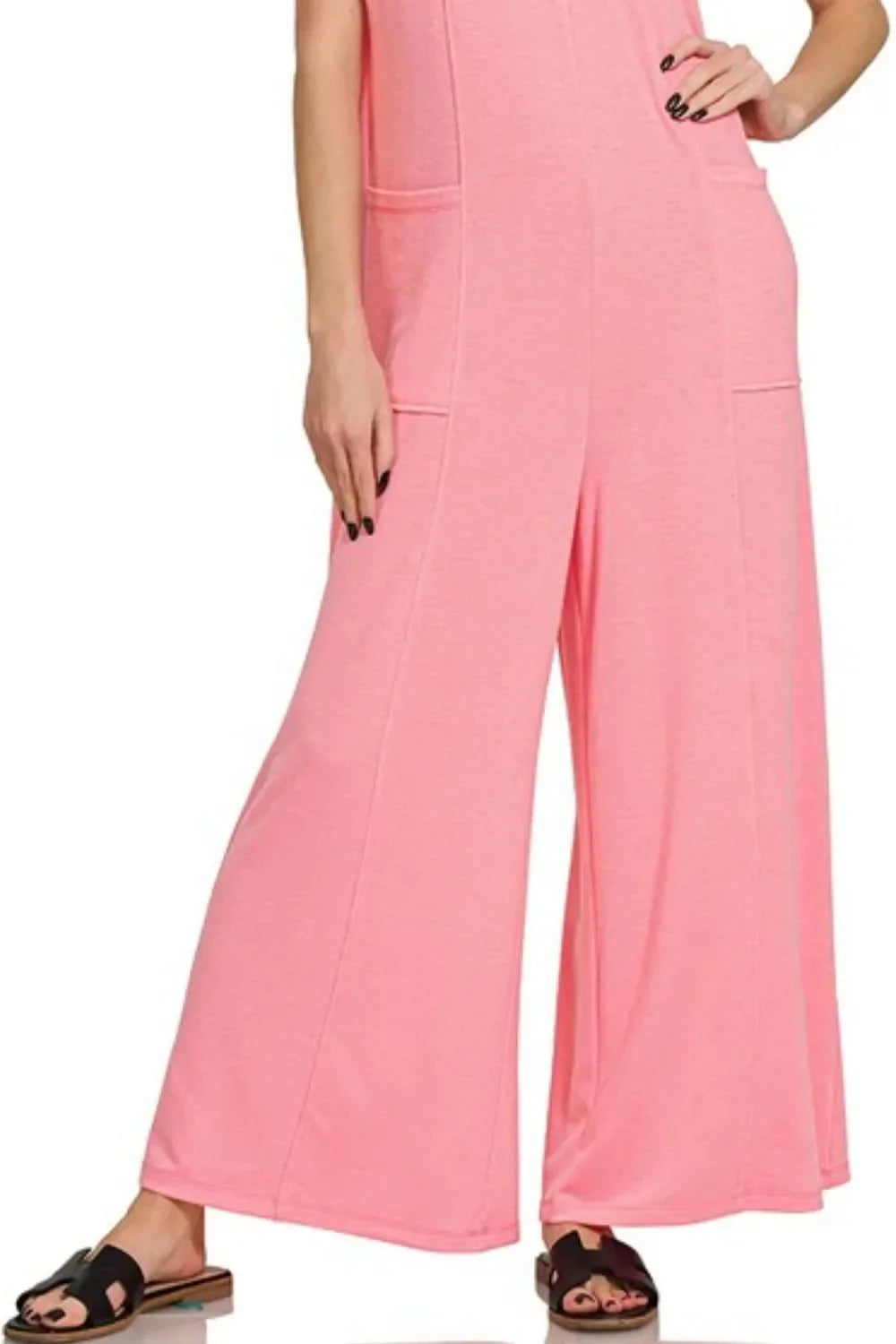 Zenana French Terry Deep V Neck Jumpsuits