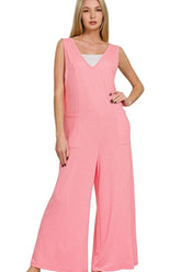 Zenana French Terry Deep V Neck Jumpsuits DK PINK / S