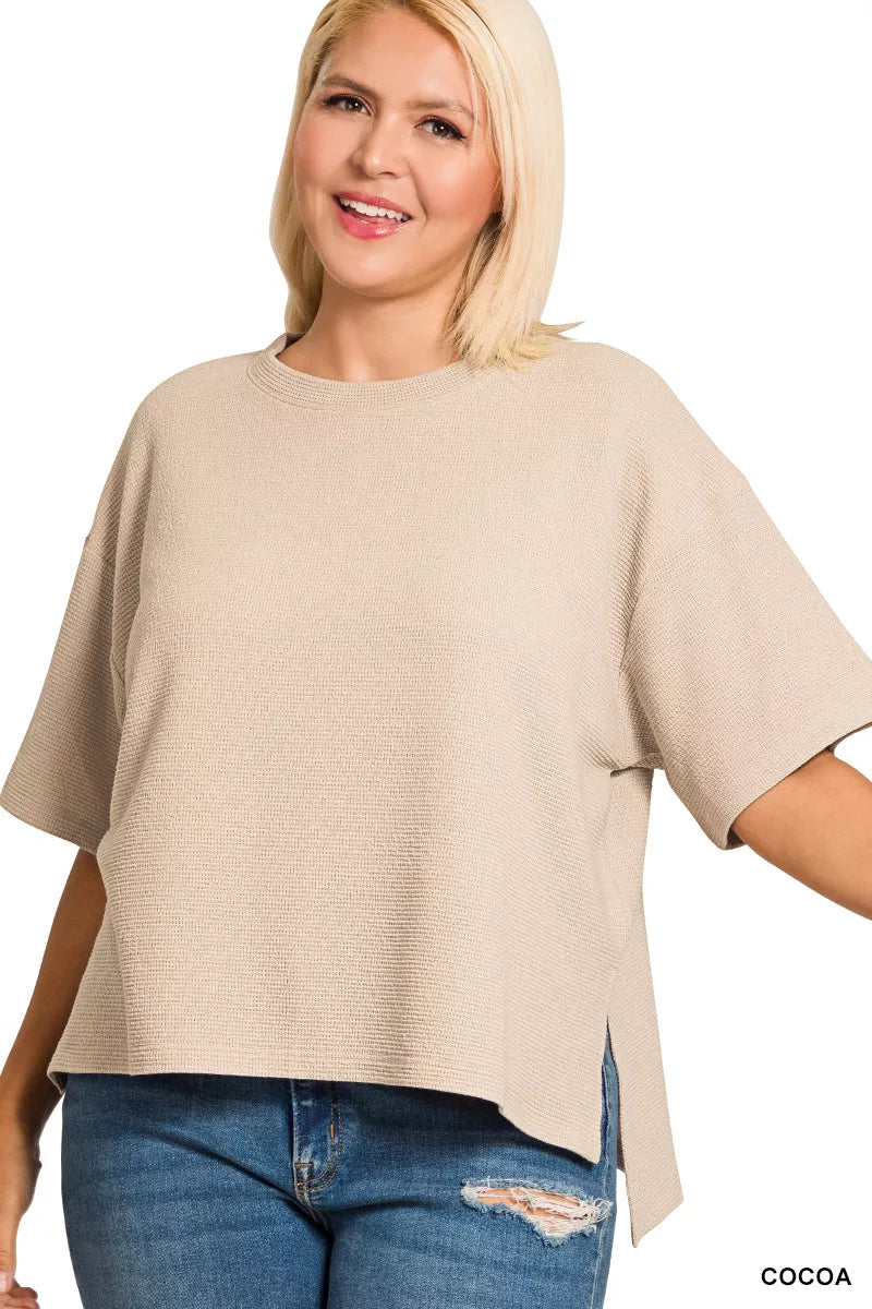 Zenana Full Size Double Knit Side Slits Hi Low Short Sleeve Top Plus Size