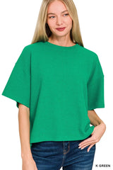Zenana Full Size Double Knit Side Slits Hi Low Short Sleeve Top Plus Size K GREEN / S