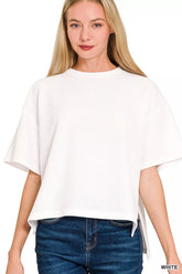 Zenana Full Size Double Knit Side Slits Hi Low Short Sleeve Top Plus Size WHITE / S