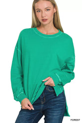 Zenana Full Size French Terry Pigment Dye & Enzyme Washing Pullover Plus Size FOREST / S