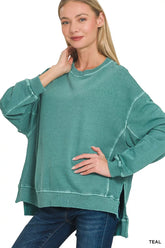Zenana Full Size French Terry Pigment Dye & Enzyme Washing Pullover Plus Size TEAL / S