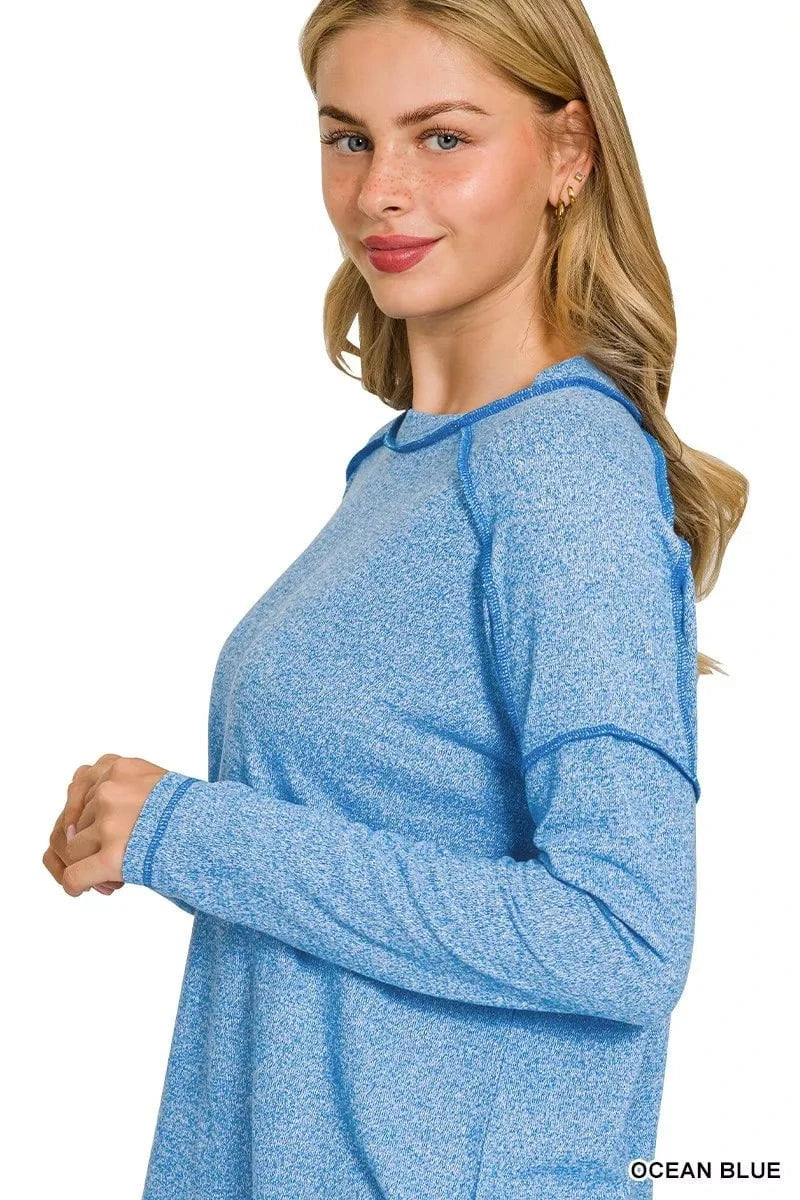 Zenana Full Size Melange Hacci Exposed Seam Hi-low Tee Plus Size