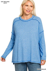 Zenana Full Size Melange Hacci Exposed Seam Hi-low Tee Plus Size