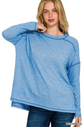 Zenana Full Size Melange Hacci Exposed Seam Hi-low Tee Plus Size OCEAN BLUE / S/M