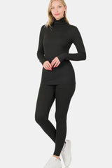 Zenana Full Size Turtleneck Top and Leggings Lounge Set Black / 3XL