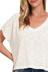 Zenana Hacci Slub V-neck Drop Shoulder Crop Top