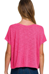 Zenana Hacci Slub V-neck Drop Shoulder Crop Top