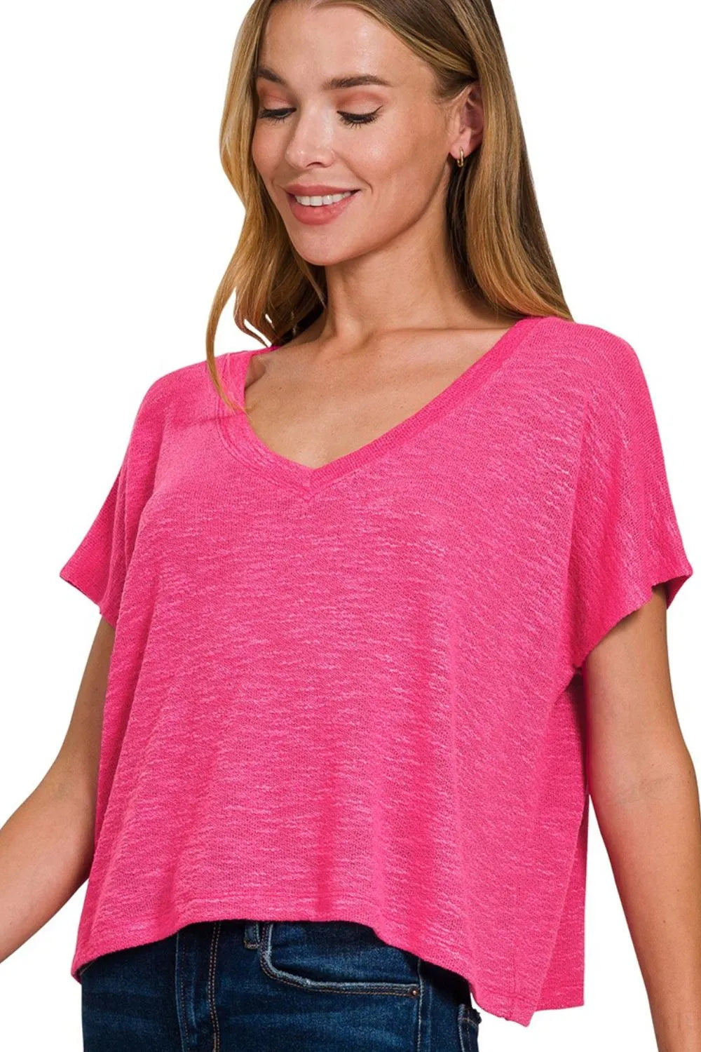 Zenana Hacci Slub V-neck Drop Shoulder Crop Top HOT PINK / S