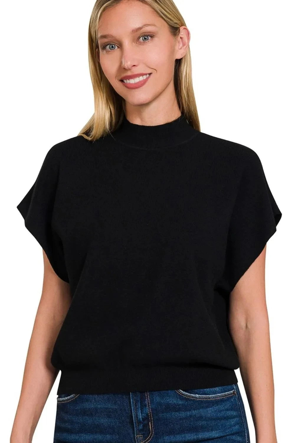 Zenana Mock Neck Short Dolman Sleeve Sweater BLACK / S