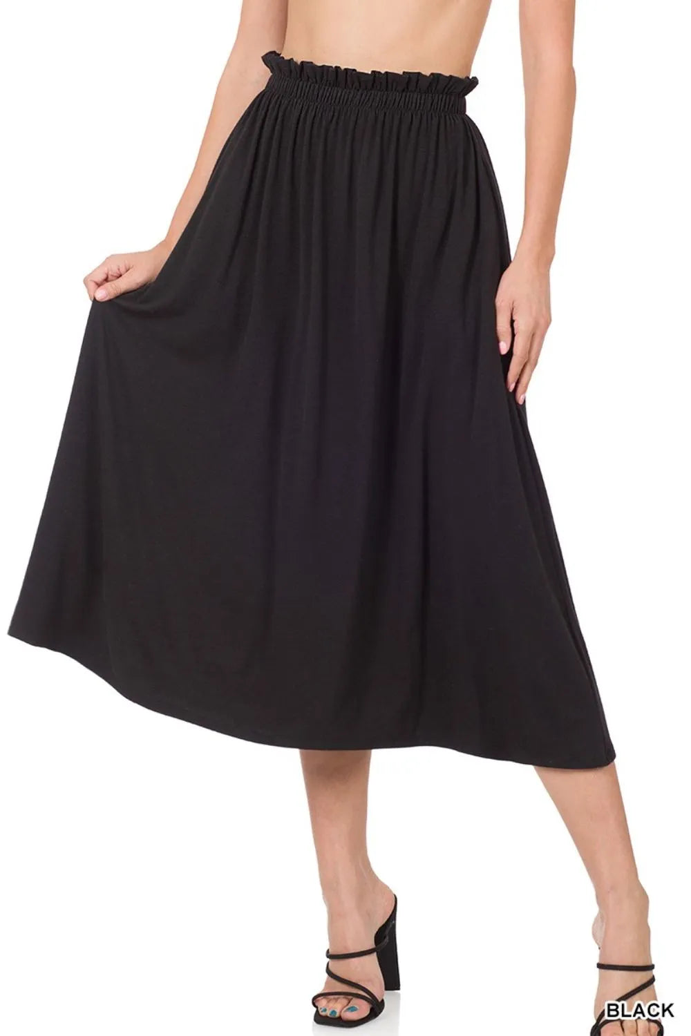 Zenana Paperbag Waist Midi Skirt With Pockets BLACK / S