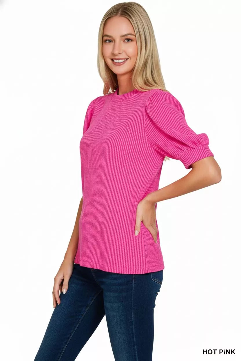 Zenana Raised Rib Puff Sleeve Top