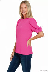 Zenana Raised Rib Puff Sleeve Top