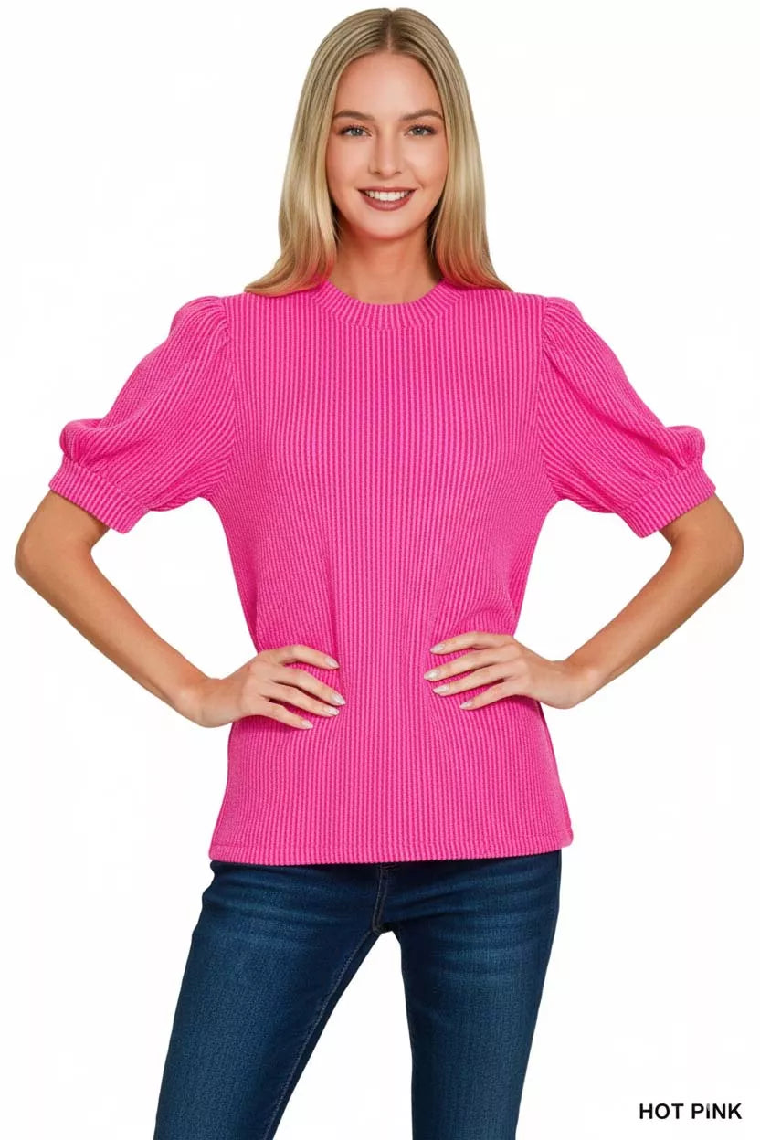 Zenana Raised Rib Puff Sleeve Top HOT PINK / S