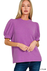 Zenana Raised Rib Puff Sleeve Top LT PLUM / S