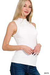 Zenana Ribbed Sleeveless Mock Neck Top WHITE / S