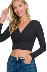 Zenana Ribbed Surplus Waist Band Long Sleeve Top BLACK / S