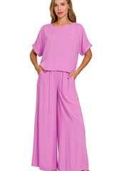 Zenana Round Neck T-Shirt and Wide Leg Pants Set BRIGHT MAUVE / S
