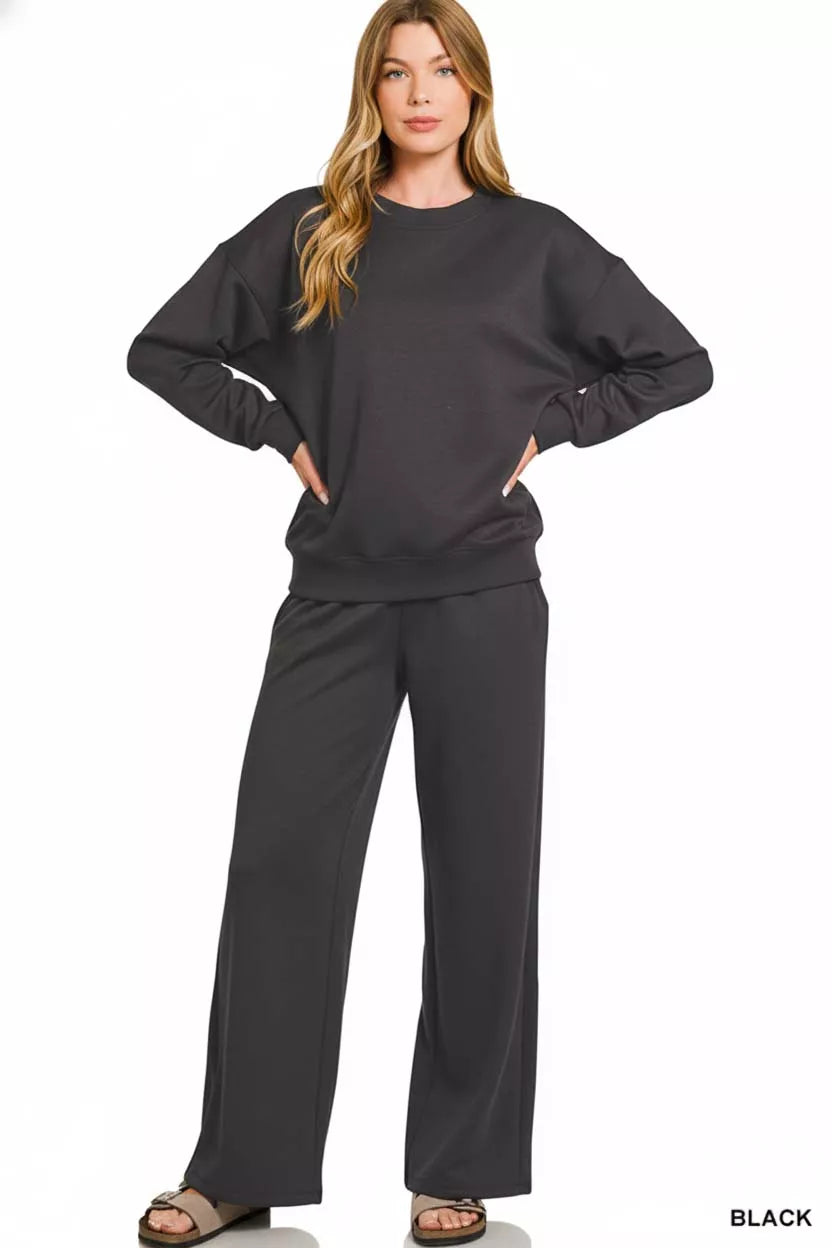 Zenana Scuba Crewneck Pullover and Pants Set