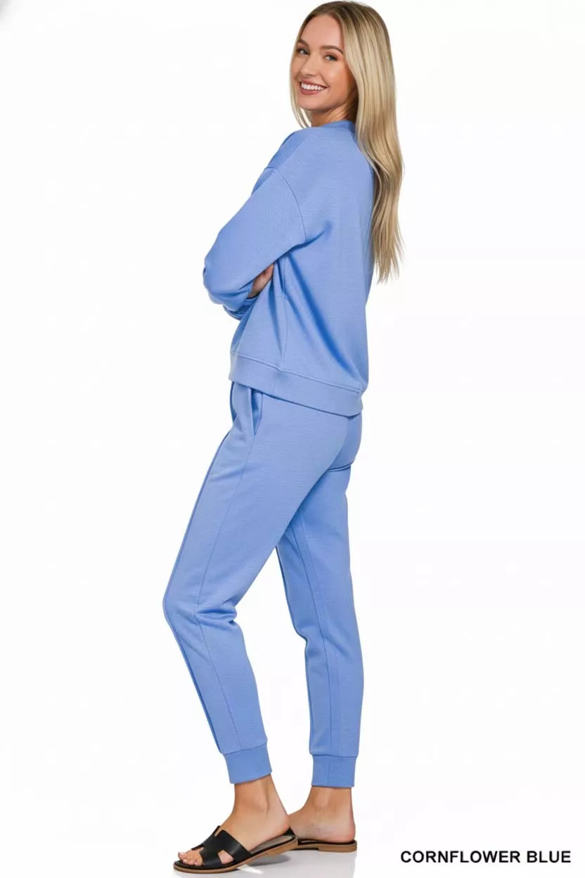 Zenana Scuba Mock Neck Sweatshirt and Joggers Set