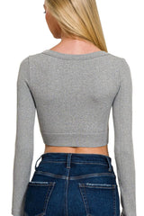 Zenana Seamless Fitted Rib V-neck Long Sleeve Crop Top