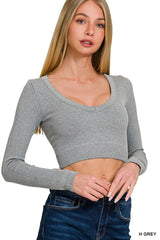 Zenana Seamless Fitted Rib V-neck Long Sleeve Crop Top H GREY / S/M