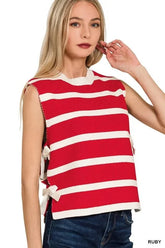Zenana Side Tie Stripe Sweater Vest RUBY / S