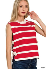 Zenana Side Tie Stripe Sweater Vest RUBY / S