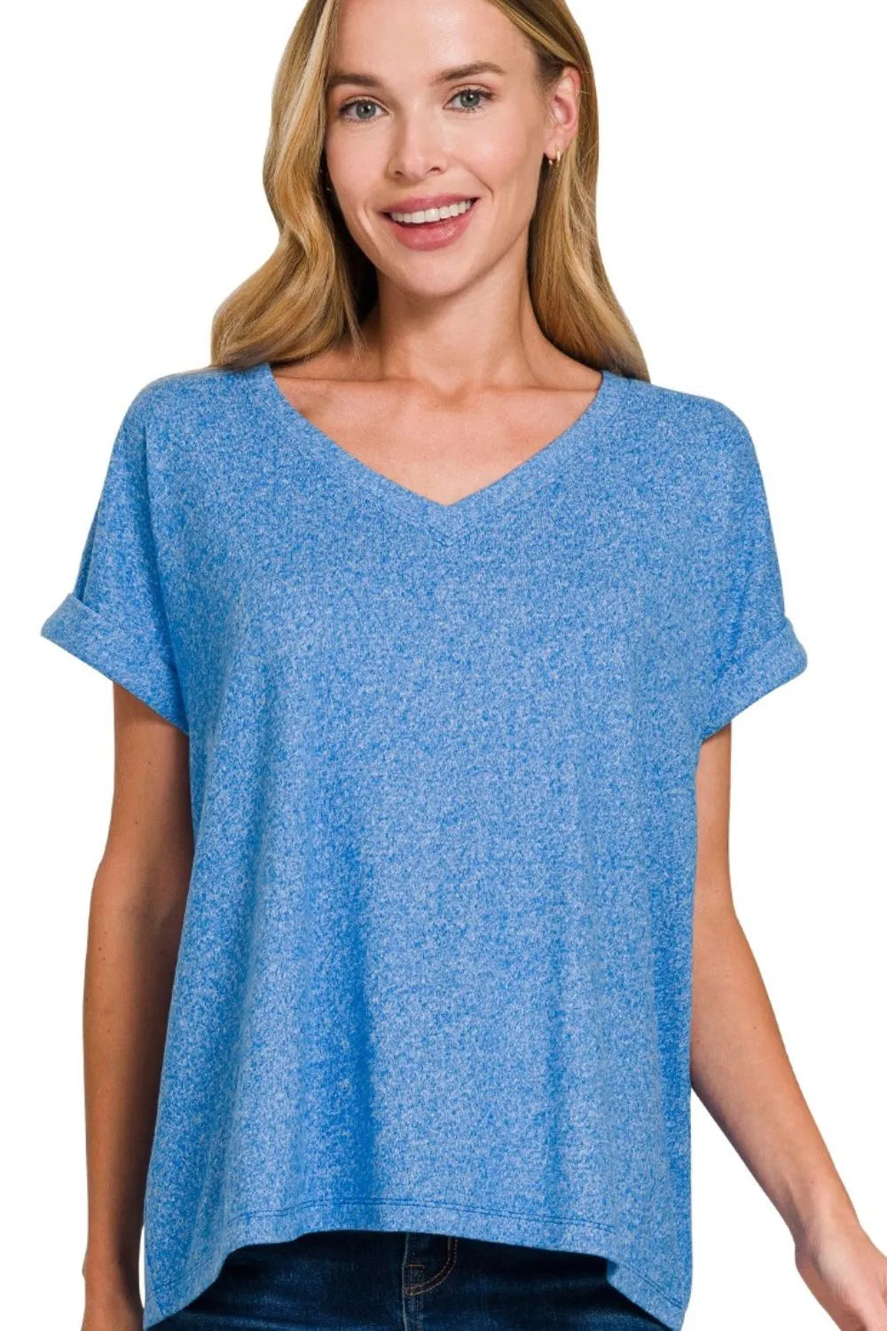 Zenana Soft Melange Hacci V-neck Tee OCEAN BLUE / S