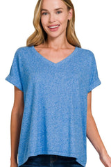 Zenana Soft Melange Hacci V-neck Tee OCEAN BLUE / S