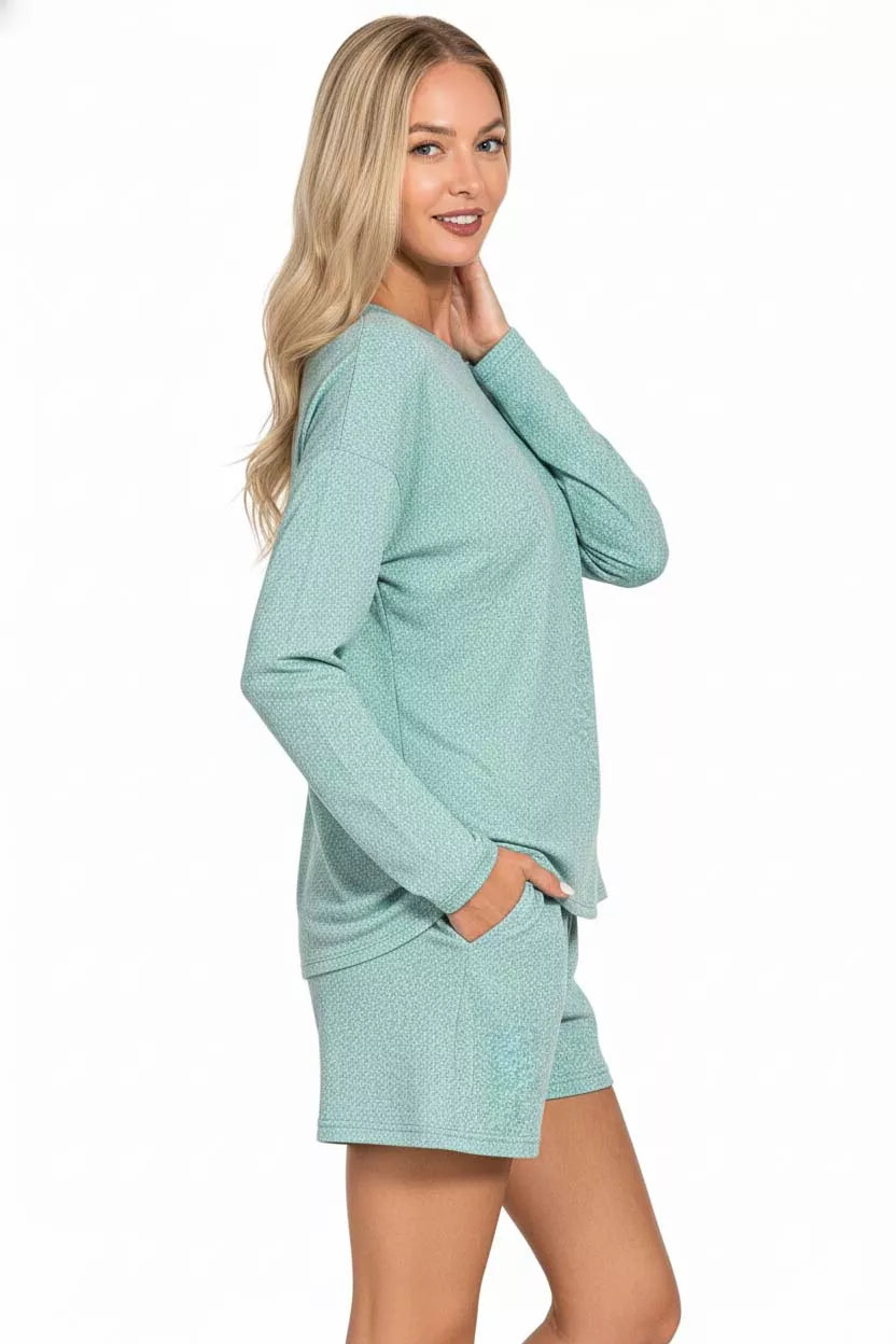 Zenana Soft Melange Long Sleeve Tee and Shorts Set