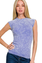 Zenana Stone Washed Ribbed Seamless Top LT INDIGO / S/M