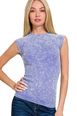 Zenana Stone Washed Ribbed Seamless Top LT INDIGO / S/M