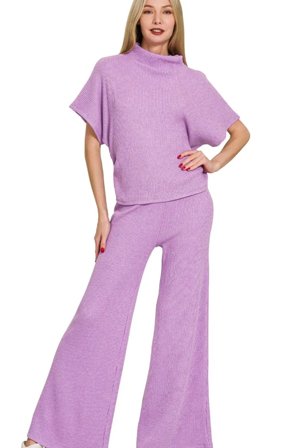 Zenana Sweater Mock Neck Top & Long Pants Set B LAVENDER / S